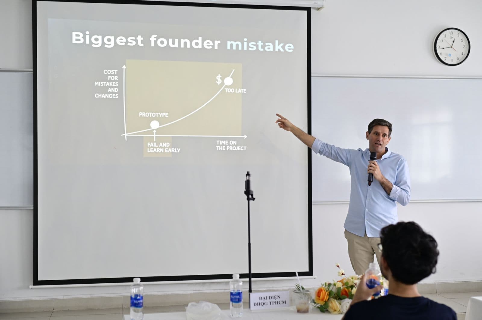 An instructor presenting a slide