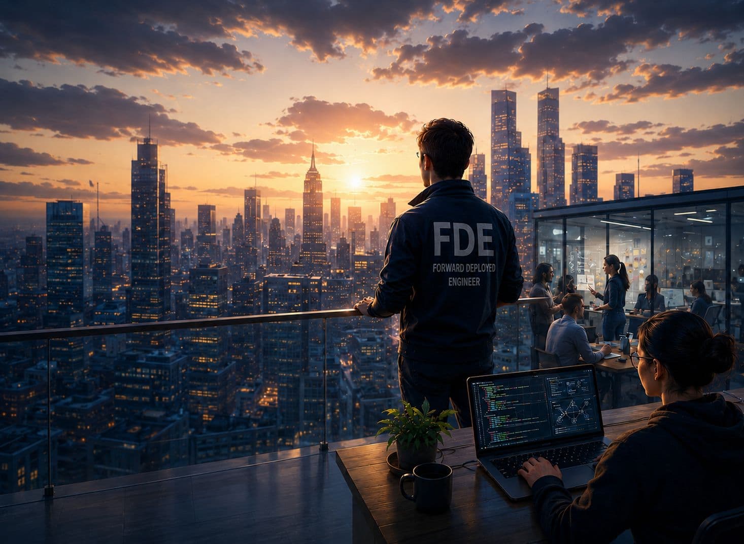 An engineer in an FDE jacket looking over a city skyline at sunset